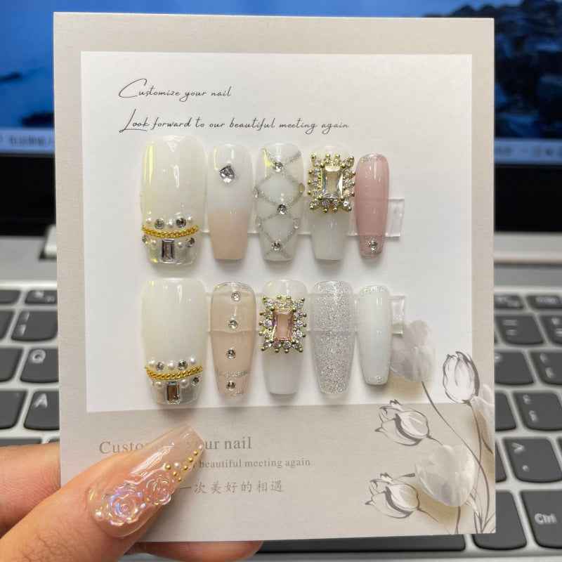 diamond drape - elegant long coffin white handmade press on nails