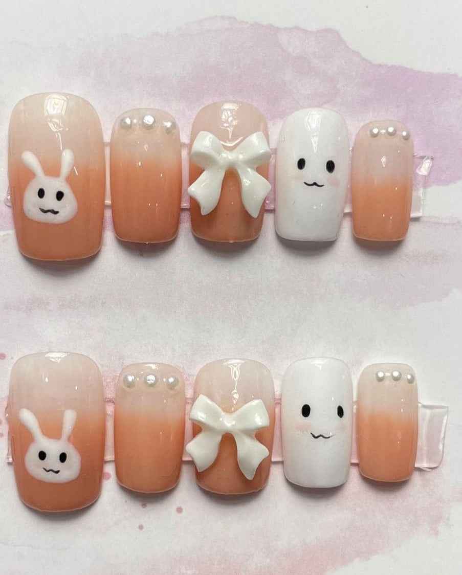 bunny whimsy - cute medium square pink handmade press on nails