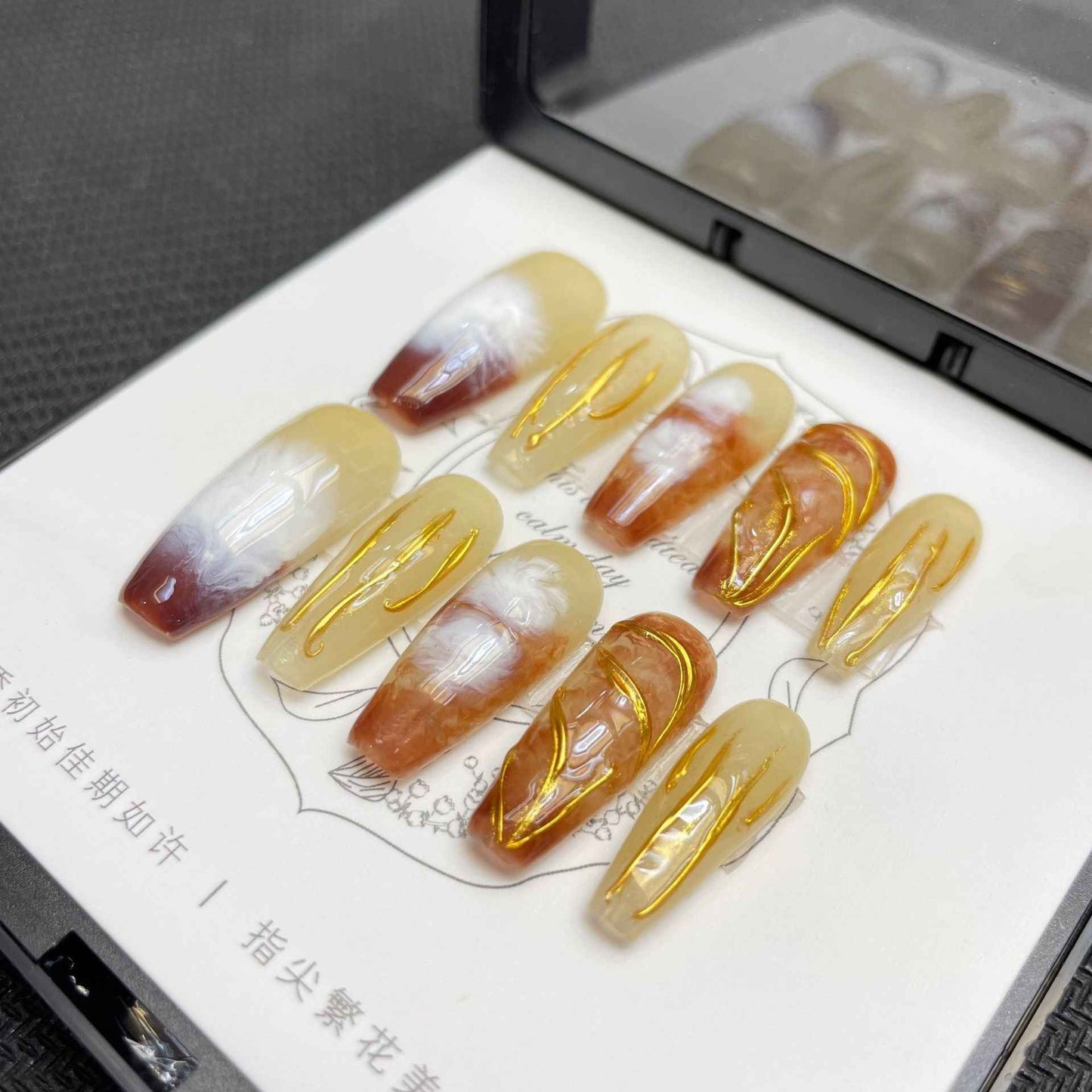 brown swirl - elegant long coffin brown handmade press on nails