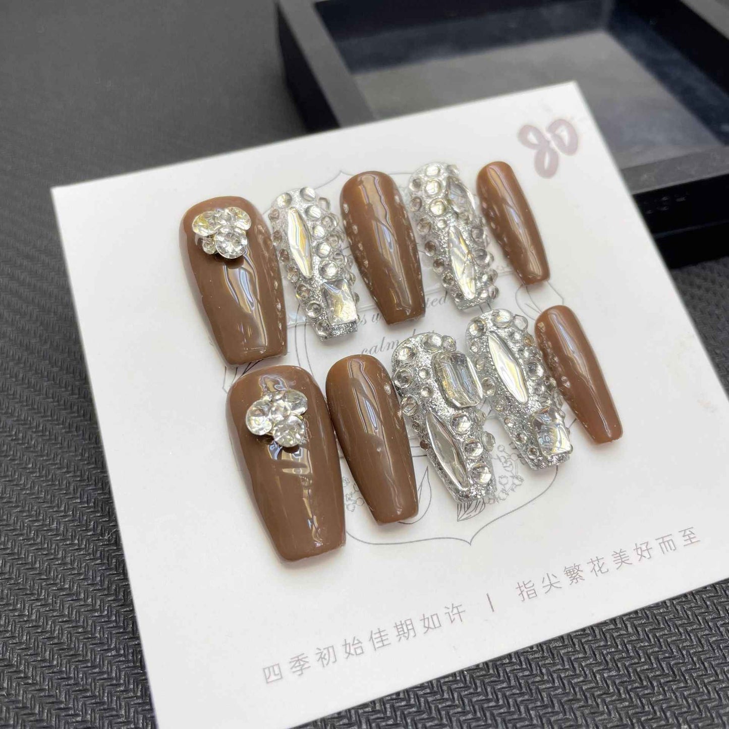 crystal cafe - elegant long coffin brown handmade press on nails
