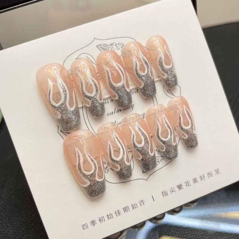 glitter flow - elegant long coffin nude handmade press on nails