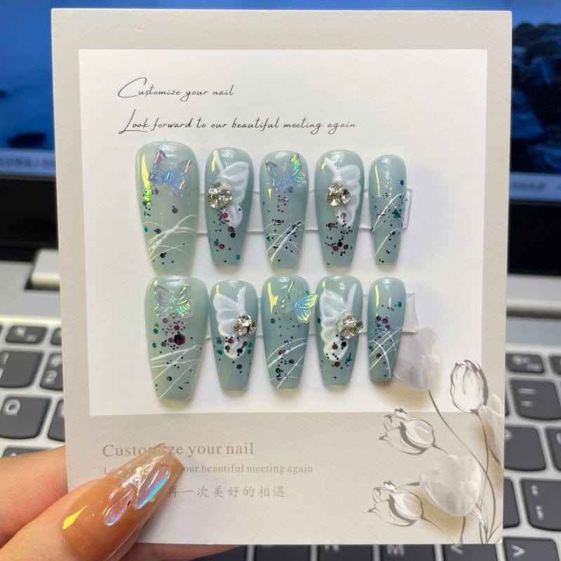 wintermint fantasy - elegant long coffin blue handmade press on nails