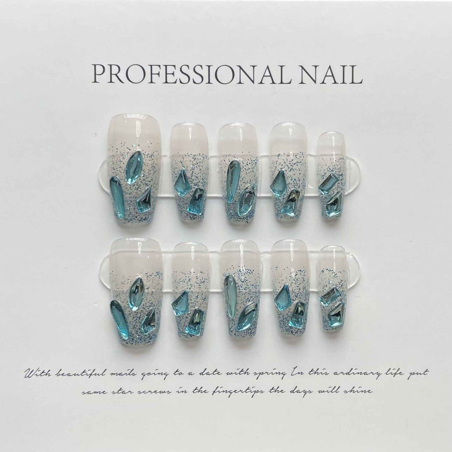 aquatic gleam - elegant long coffin blue handmade press on nails