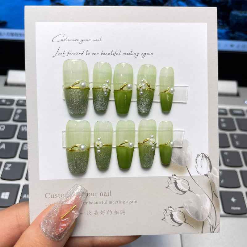 emerald dew - elegant long coffin green handmade press on nails