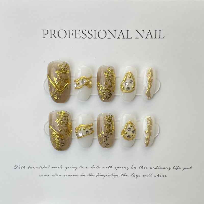 aurum elegance - elegant long oval brown handmade press on nails