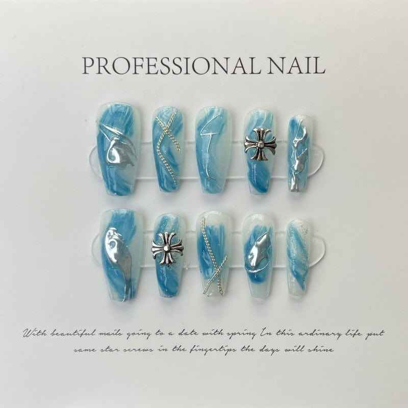 azure waves - elegant long coffin blue handmade press on nails