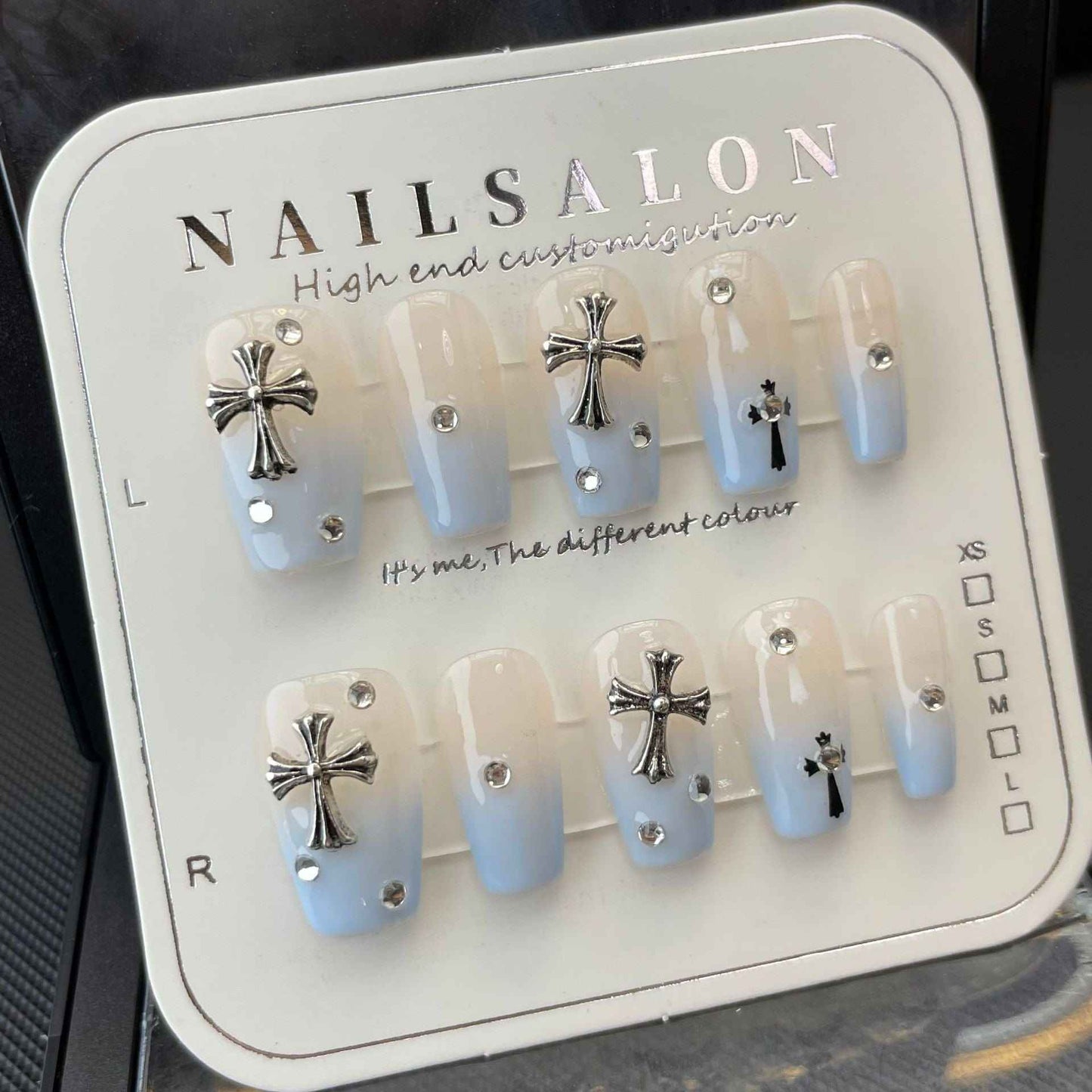 skyward cross - cool short coffin blue handmade press on nails