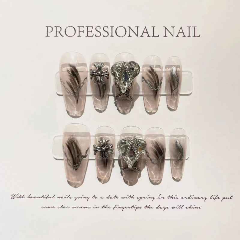 noir feather - elegant long coffin black handmade press on nails