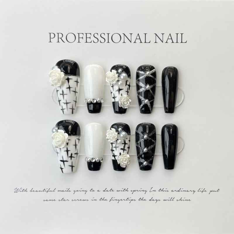 gothic blossom - elegant long coffin black handmade press on nails