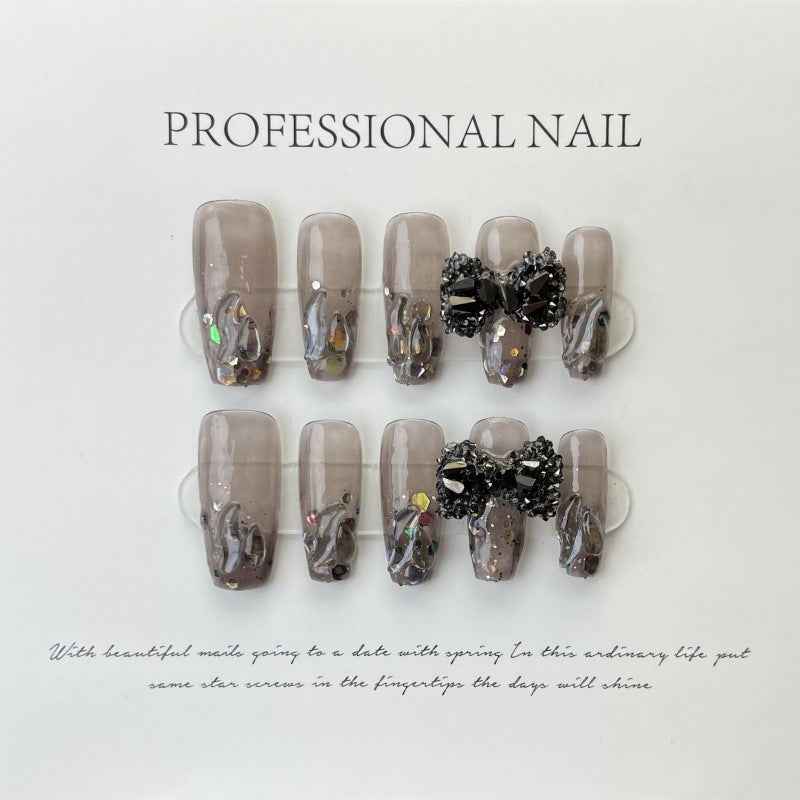 shimmering ash - elegant long coffin black handmade press on nails