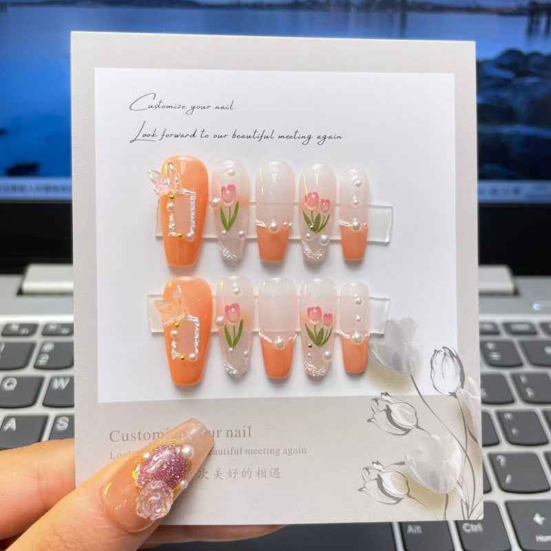 tulip whispers - sweet long coffin orange handmade press on nails