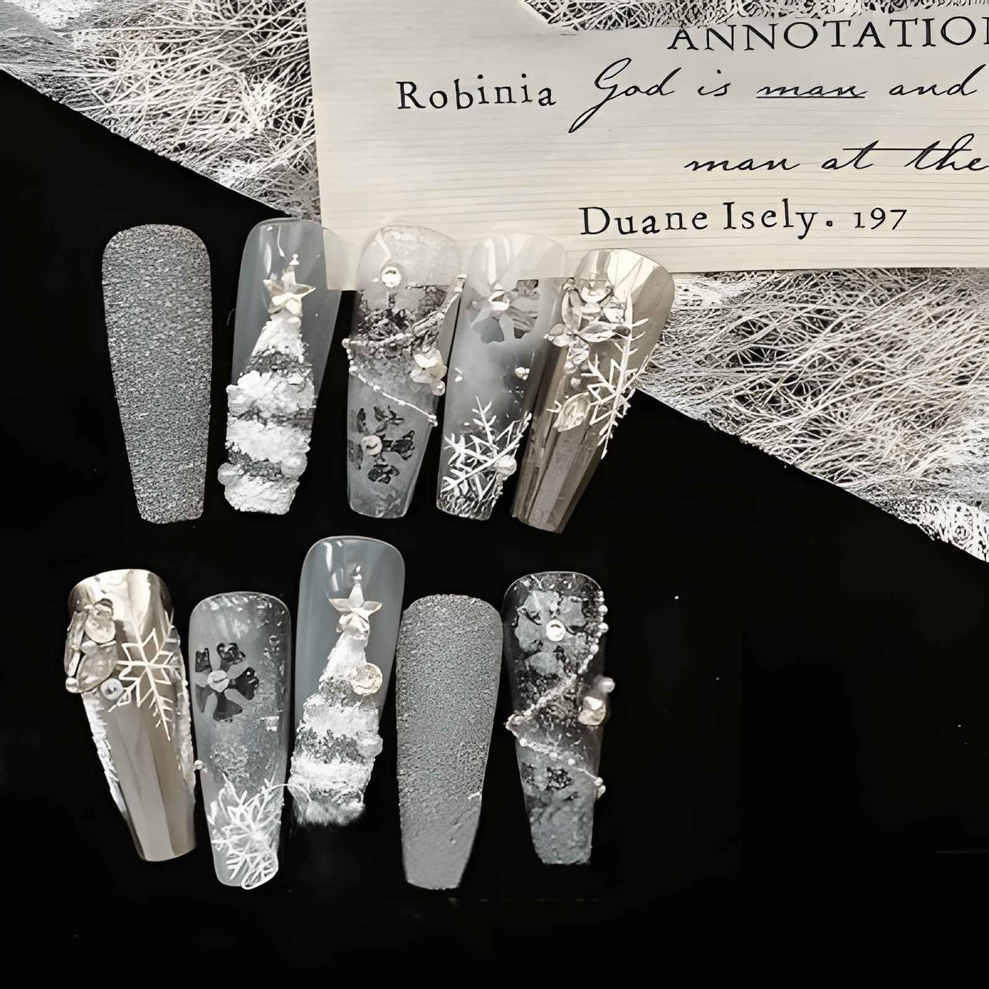 crystal frost - elegant extra long coffin white handmade press on nails