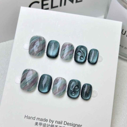 emerald stream - elegant short oval green handmade press on nails