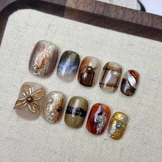 maillard bloom - elegant short oval brown handmade press on nails