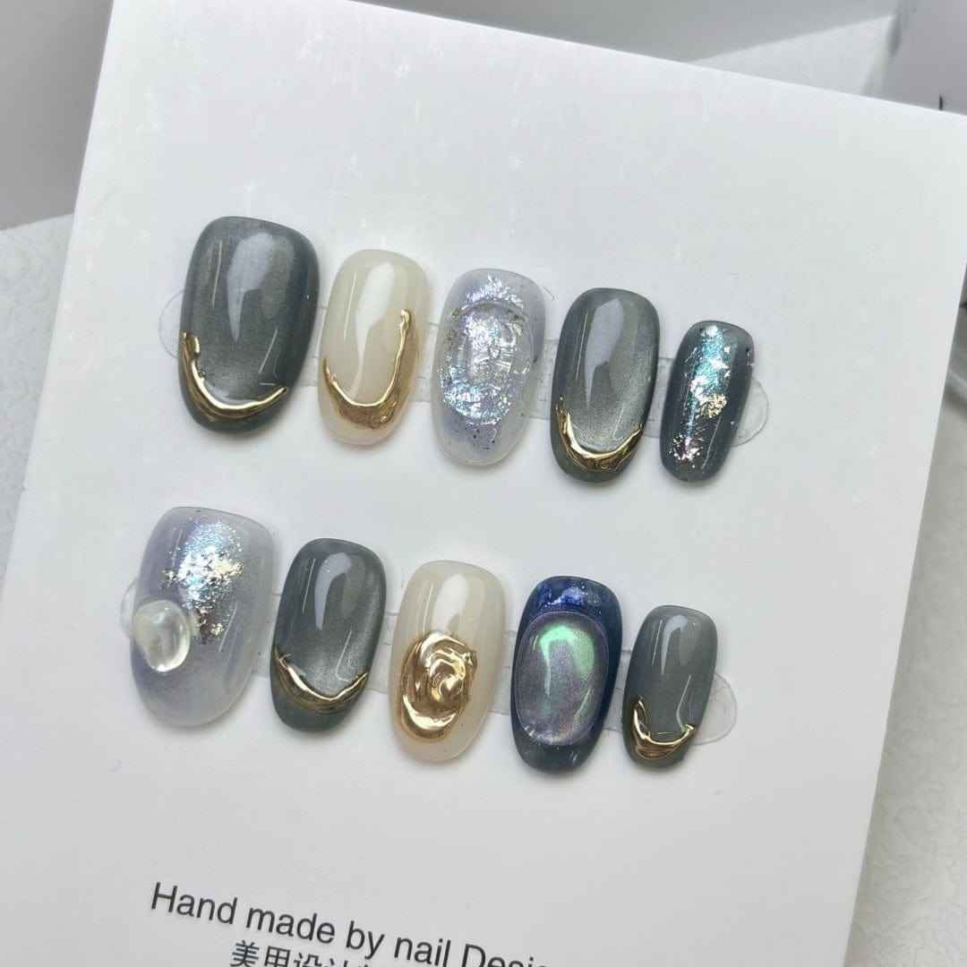 secret allure - elegant long oval green handmade press on nails