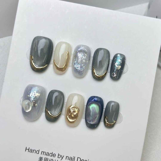 secret allure - elegant long oval green handmade press on nails