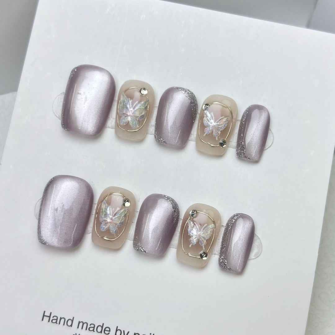 lilac starlight - elegant long oval purple handmade press on nails