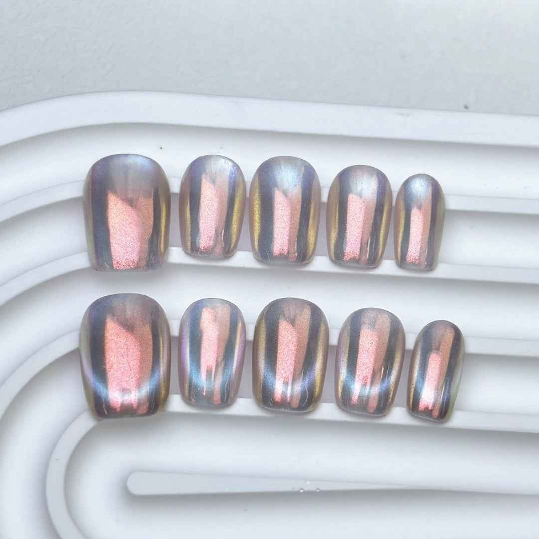 futuristic beads - elegant long oval white handmade press on nails