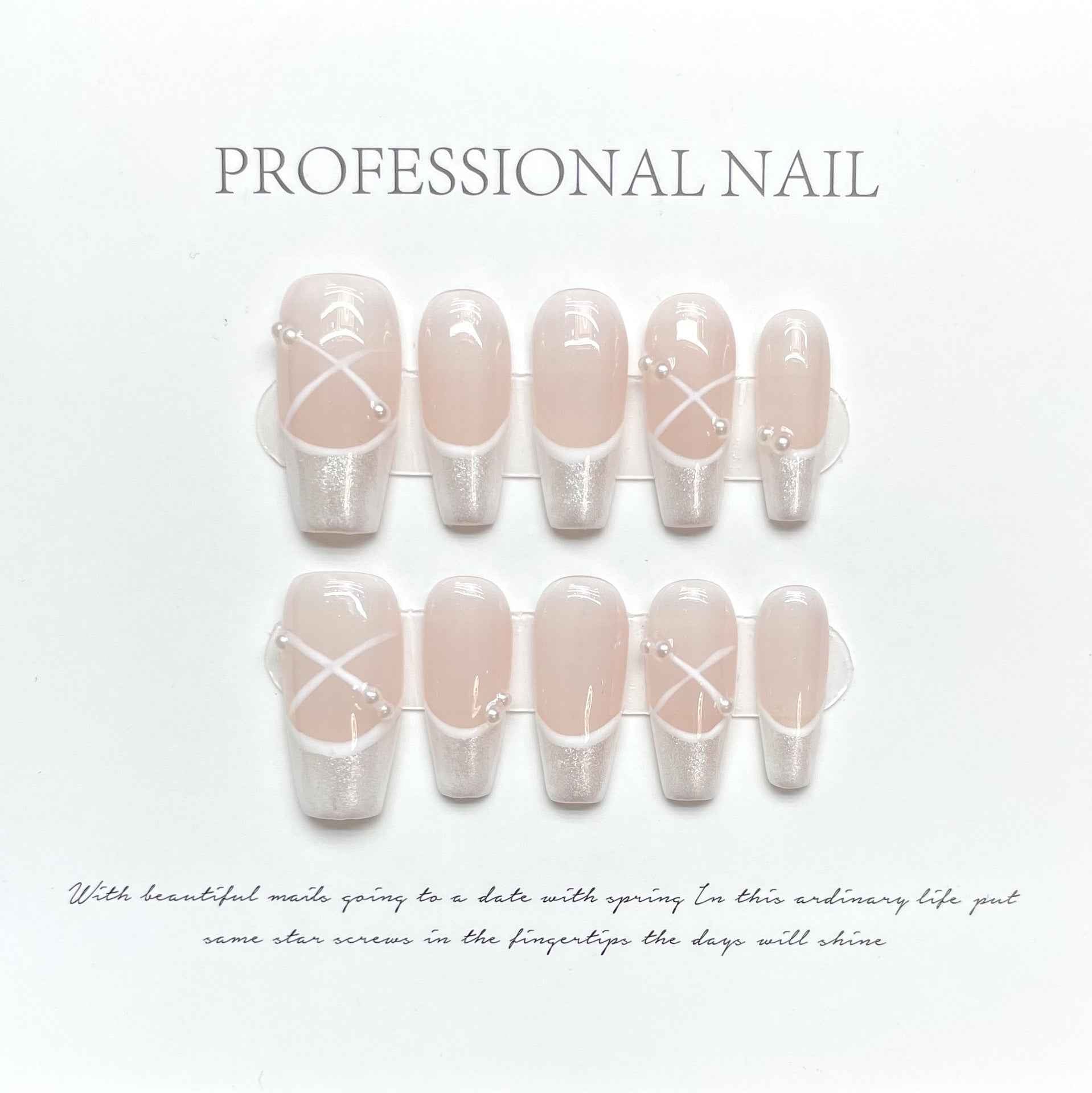 pearl shimmer - sweet long coffin pink handmade press on nails