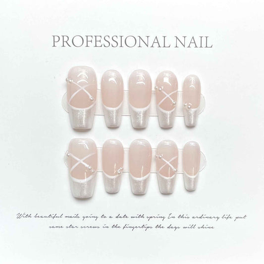 pearl shimmer - sweet long coffin pink handmade press on nails