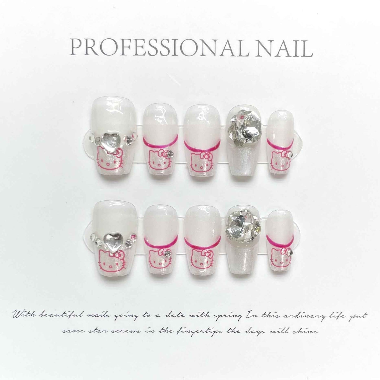 crystal kitty - cute short coffin white handmade press on nails