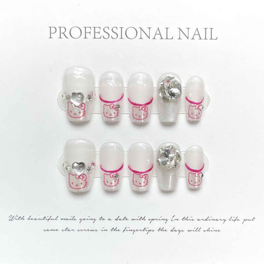crystal kitty - cute short coffin white handmade press on nails