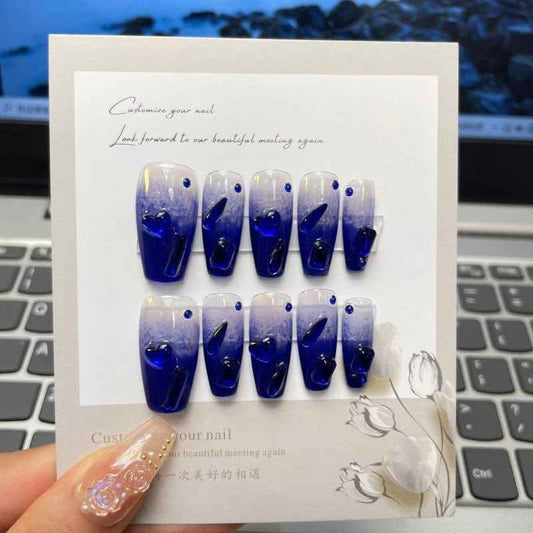 sapphire tide - elegant long coffin blue handmade press on nails