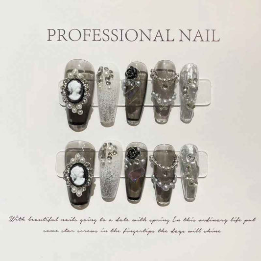pearl noir elegance - cool long coffin black handmade press on nails