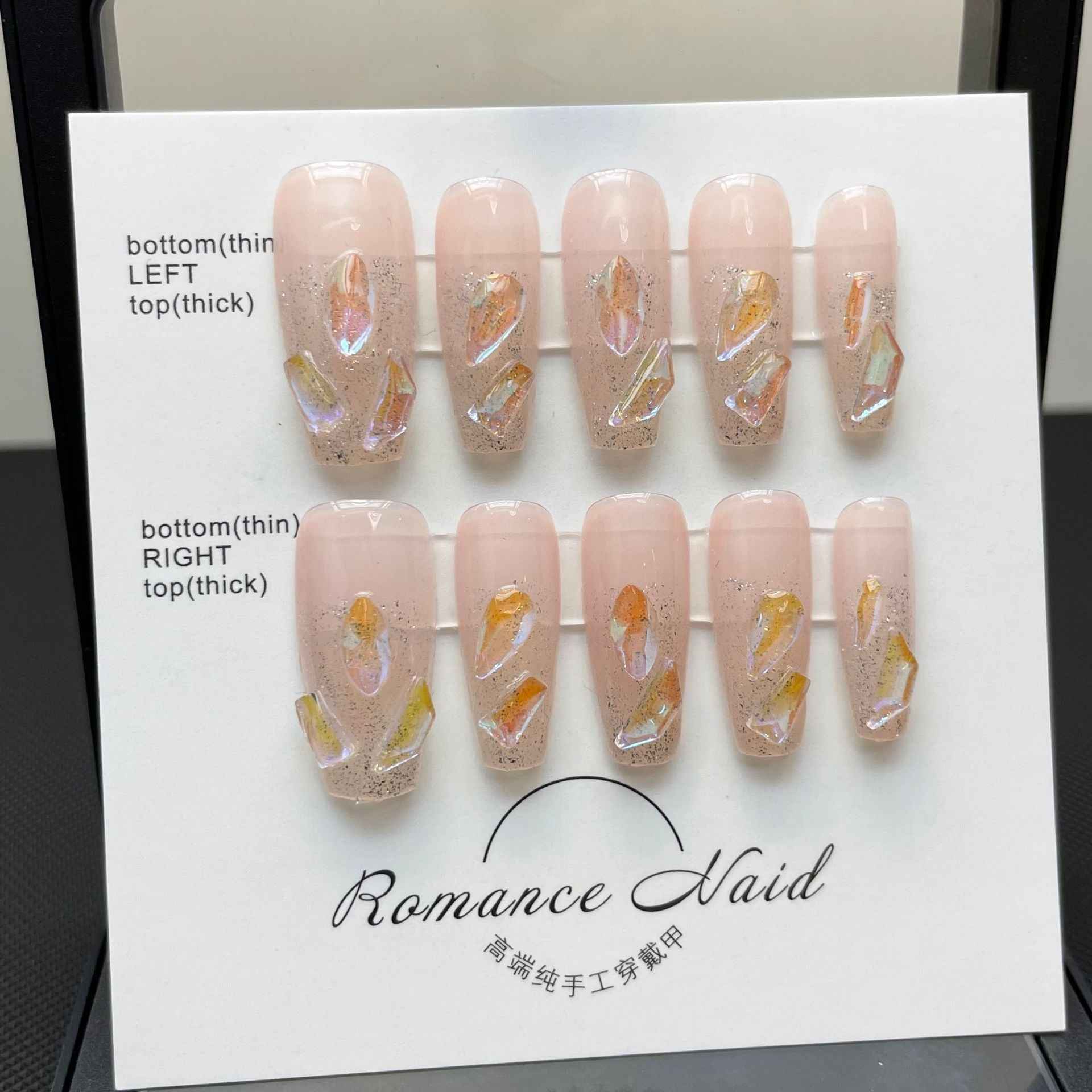 crystal cascade - elegant long coffin pink handmade press on nails
