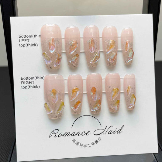 crystal cascade - elegant long coffin pink handmade press on nails