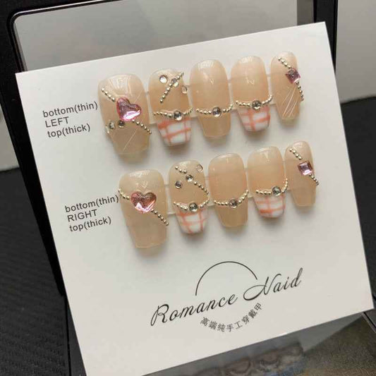 plaid love affair - sweet short coffin nude handmade press on nails