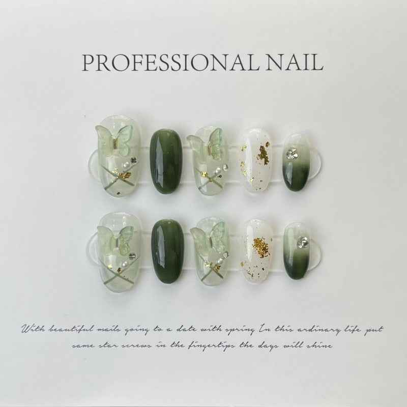 spring meadow wisp - elegant long oval green handmade press on nails