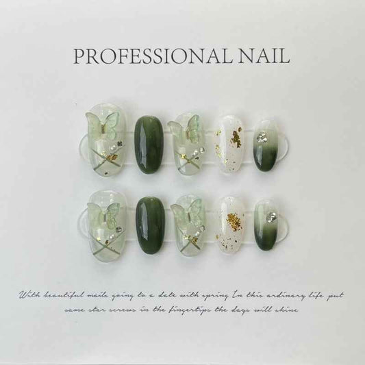 spring meadow wisp - elegant long oval green handmade press on nails