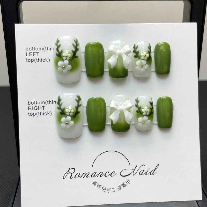 misty garden tranquility - elegant medium square green handmade press on nails