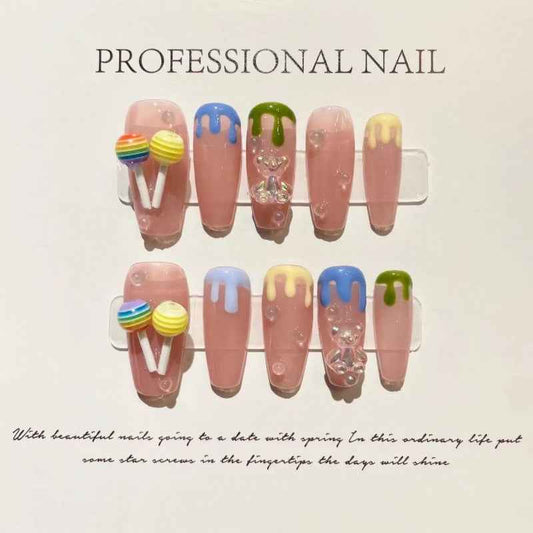 candy drip charm - cute long coffin pink handmade press on nails
