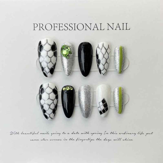 silversmiths craft - cool medium almond black handmade press on nails
