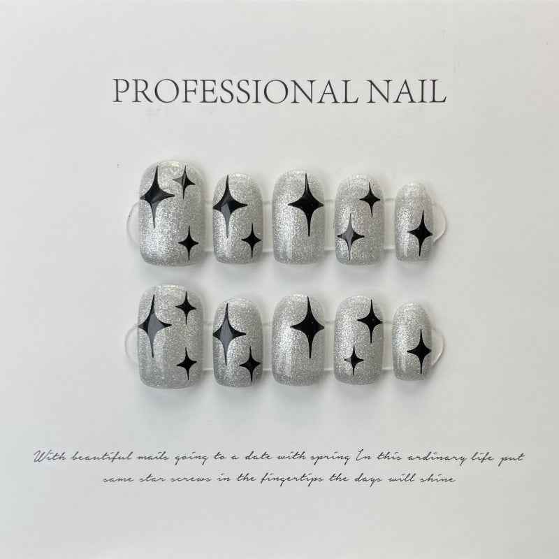 galactic night glam - cool medium square silver handmade press on nails