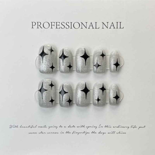 galactic night glam - cool medium square silver handmade press on nails