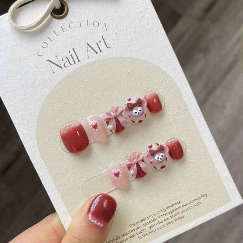 pinky bear hug - cute short oval pink handmade press on nails