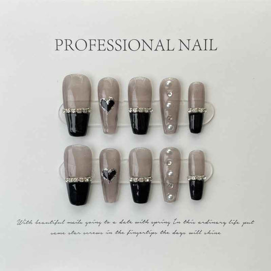twinkling twilight accents - elegant long coffin black handmade press on nails