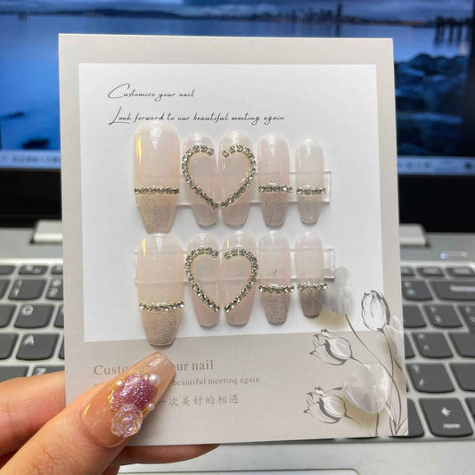 champagne shimmer - elegant long coffin nude handmade press on nails