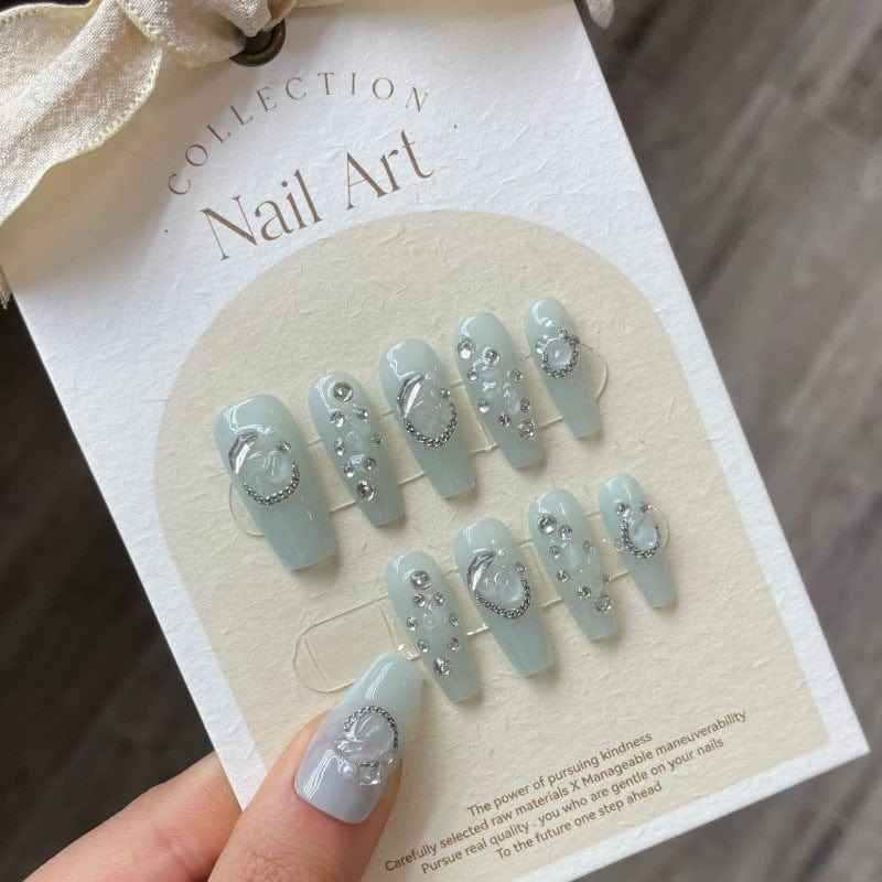 icy shimmer accents - elegant long coffin blue handmade press on nails