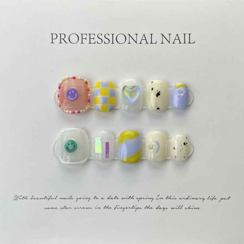 smiley sprinkles - cute short oval white handmade press on nails