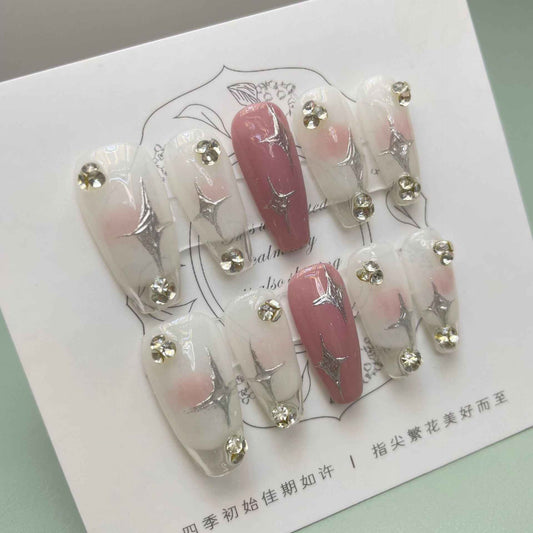 gilded petals - cool long coffin white handmade press on nails