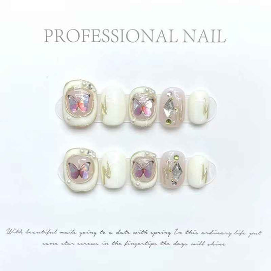 wings of serenity - elegant short oval white handmade press on nails