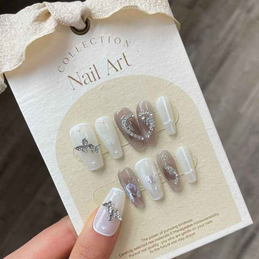 silver butterfly whispers - elegant long coffin white handmade press on nails