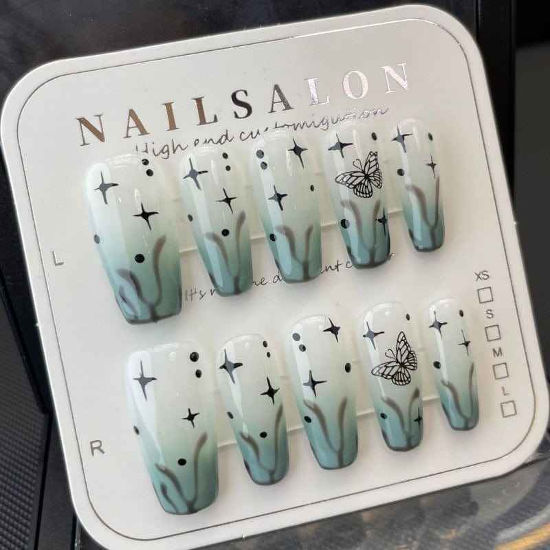butterfly whispers - elegant long coffin blue handmade press on nails