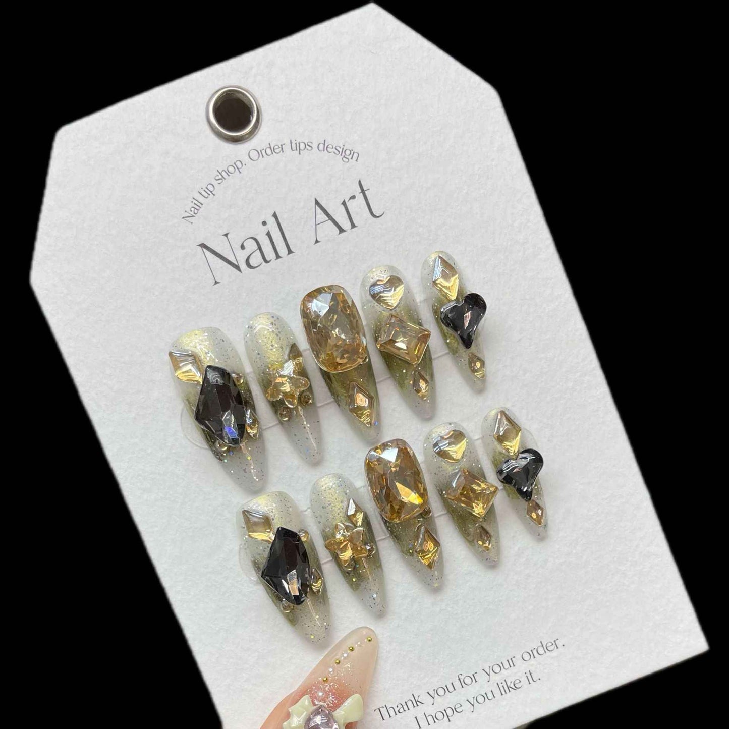 midnight jewel majesty - elegant long oval brown handmade press on nails