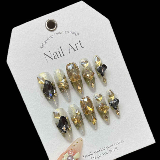 midnight jewel majesty - elegant long oval brown handmade press on nails