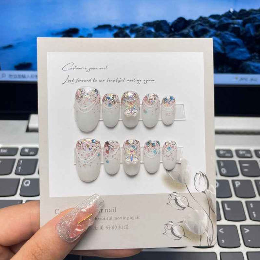 glitter party elegance - elegant long oval white handmade press on nails